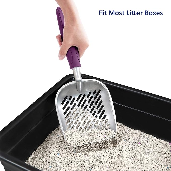 WePet Cat Litter Scoop, Aluminum Alloy Sifter, Kitty Metal Scooper, Deep Shovel with Diagonal Sifting Hole, Long Handle, Kitten Poop Lifter for Litter Box, Medium Size, Violet Handle