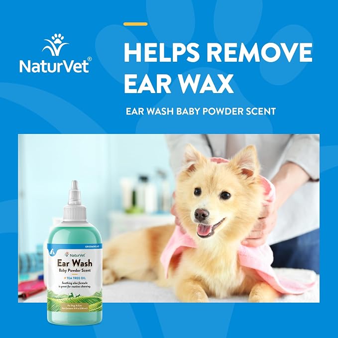 NaturVet Ear Wash with Tea Tree Oil Aloe & Baby Powder Scent | 8 oz