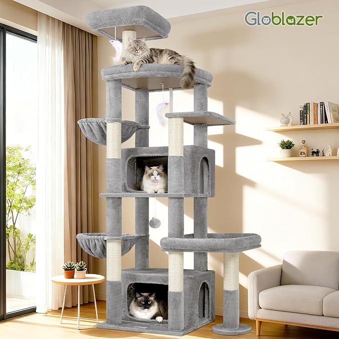 Globlazer 75in Sturdy Cat Tree Tower for Indoor Large Cat, S75, Light Grey | Multi-Level Heavy Duty Cat Tower with Scratching Post, Oversized Condos & Perches for Big Cats, Large Baskets, Enlarged Base