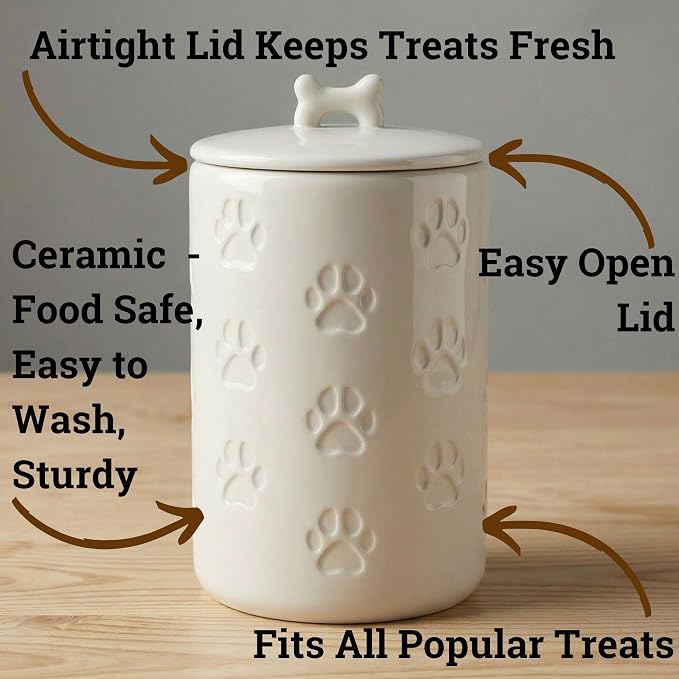 Dog Treat Container Airtight, 5"W x 9"H, Ceramic 7 Cups Big Treats Canister | Sturdy Durable Ceramic, Airtight Ceramic Lid, Fits All Popular Treats, Food Safe, Cute all-over Paw Prints and Bone Handle