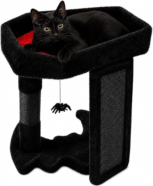 Gothic Cat Tree Tower with Coffin Cat Bed for Indoor Cats, Halloween Spooky Cat Scratcher,Goth Cat Tree with Sisal Scratchig Post and Spider Dangling Toys,Black with Red