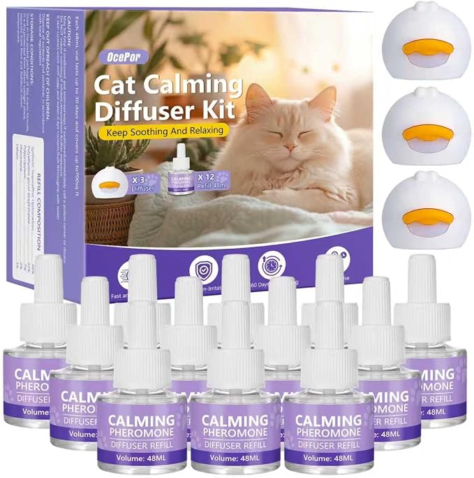 OcePor Cat Calming Diffuser,360-Day Pheromone Diffuser 12 Refills & 3 Plugs | Cat Pheromones Calming Diffuser Refill Kit for Pee Spraying, Aggression, Meowing & Scratching, Relieve Anxiety Stress