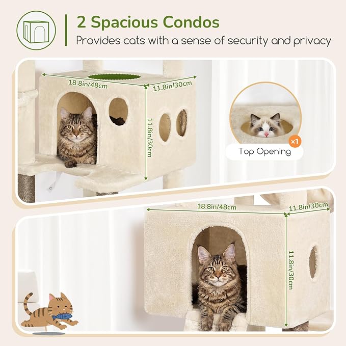 Globlazer Tall Cat Tower Extra Large Cat Tree House, S77D, Beige | 77 inch Cat Climbing Tower for Indoor Cats Large Adults with 5 Scratching Posts, 2 Cat Condos, 2 Platforms