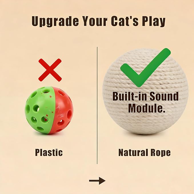 4-Inch Sisal Cat Toy Balls with Crinkle Sound | Indoor Cat Toys for Teething, Claw Sharpening & Play | Large Size Prevents Rolling Under Furniture(White)
