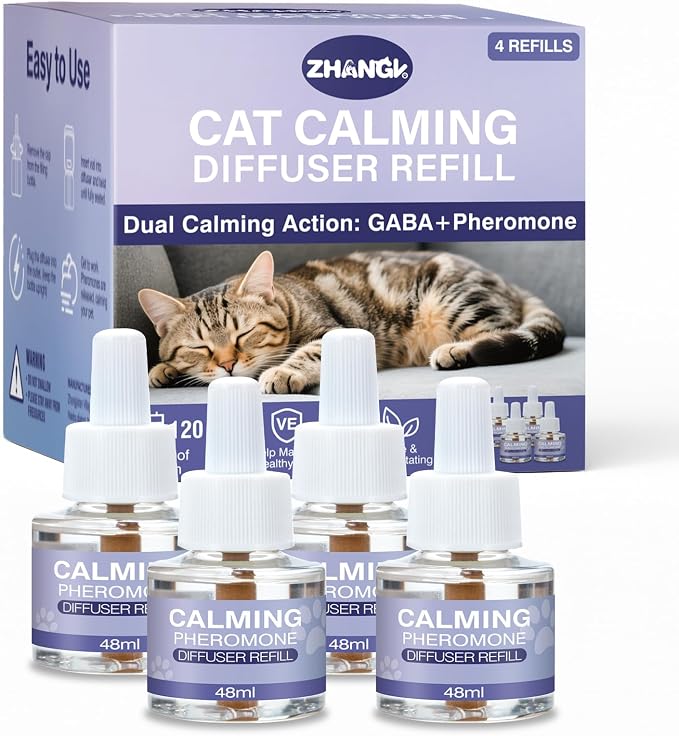 Cat Calming Diffuser Refill 4 Pack Pheromone Diffuser to Calm Cats 120 Days Effectively Anti Anxiety Relief Stress Cat Pheromones Calming Refills 48ml/Bottle Fits All Cats And Common Diffusers Plug in