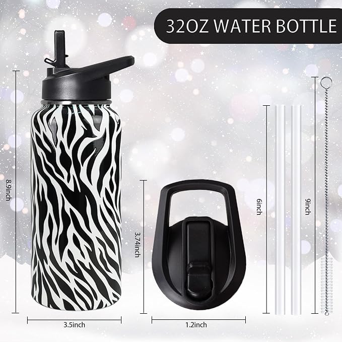 32 Oz Zebra Stripes Water Bottle With Handle, Flip Lid & Straw - Insulated Travel Coffee Mug, Animal Print Gifts for Women Men