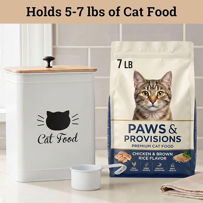Metal Cat Food Container with Scoop 5-7 lb (25 Cup), w/ Airtight Bamboo Lid | Cat Kibble Canister with Metal Scoop, 25 Cups, Chew Proof Iron Body, Powder Coated, Airtight Bamboo Lid, Sturdy Metal Handle