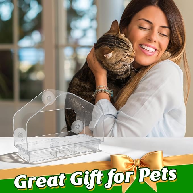 MEWTOGO Outdoor Window Bird Feeder for Cats Viewing, Large | Clear Bird Feeder with Strong Suction Cup, Cat Perch Accessories for Entertaining Watching