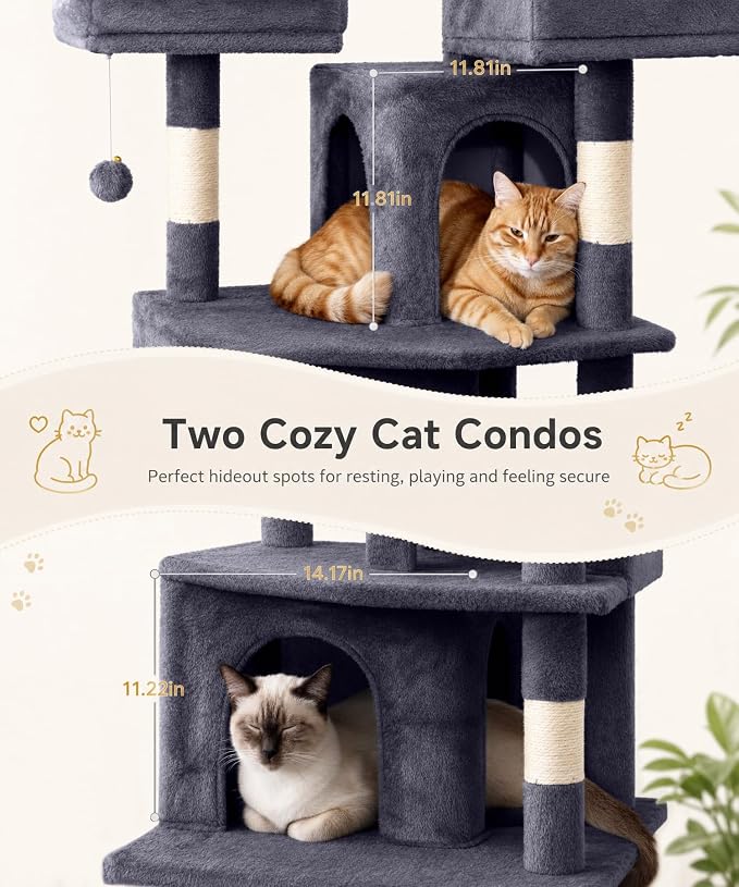 Cat Tower, 71 Inch Heavy Duty Cat Tree for Large Cats | Tall Cat Tree Tower with Extended Base, 2 Condos, 3 Perches, 9 Sisal Posts & Hammock for Indoor Adult Cats, Dark Grey