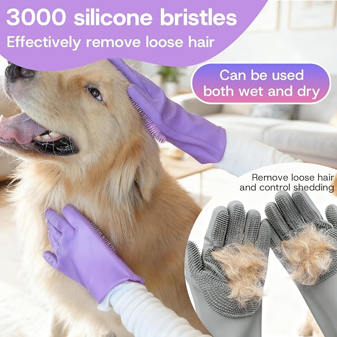 2-Pair Pet Hair Remover Glove for Dogs and Cats Washing, Grooming, & Deshedding – Multipurpose Silicone Dog Bath Gloves, Cat Brush Glove Mitt for Pet Cleaning & Household Use (Purple & Grey)