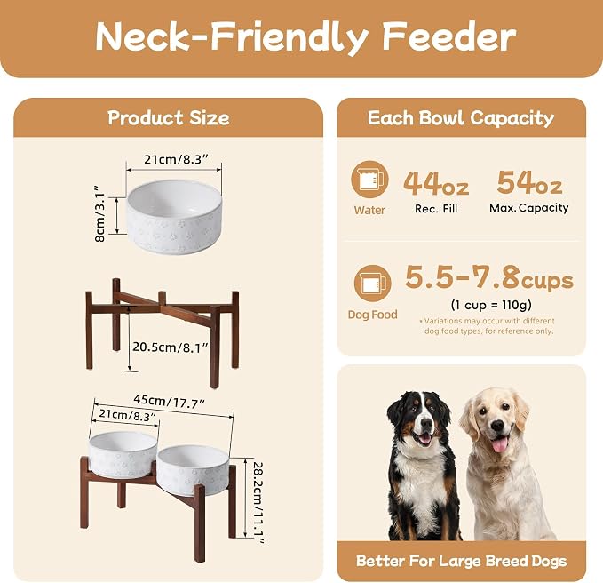 Havniva 8.2" Elevated Dog Bowls Ceramic Raised Dog Bowl with Non-Slip Stand (Acacia Wood) Weighted Dog Food & Water Bowl for Large Breed Dogs - 7.6 Cups 60 oz