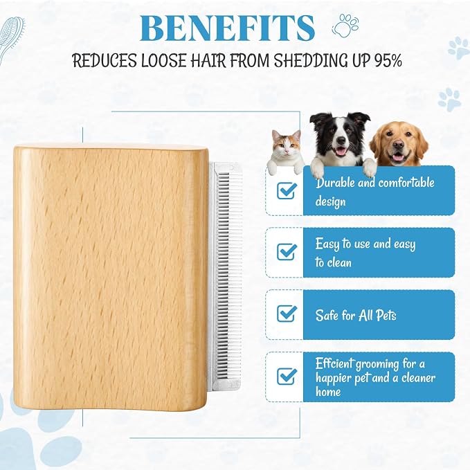2 Pcs Deshedding Grooming Brush for Dogs Cats & Horse Pet Hair Removal Tool Ergonomic Design Wood Groom Brush Painlessly Remove for Short Medium & Long Hair