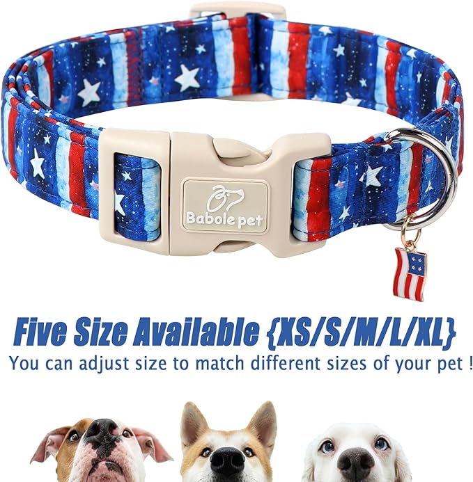 4th of July Dog Collar, Stars & Stripes Patriotic Dog Collars for Medium Dogs, Adjustable Lightweight Quick-Release Buckle Collar for Boy&Girl Dogs M