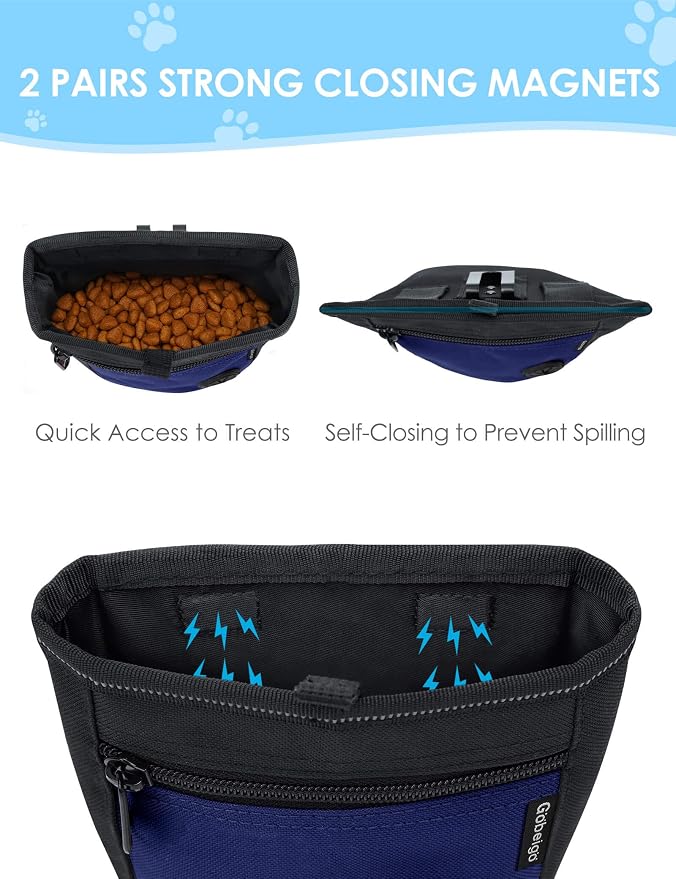 2 Cup Dog Treat Pouch with Training Clicker(Black/Blue) | 2 Pair Magnetic Closures, Zipper Pocket with Poop Bag Holder, Waist Belt & Metal Clip to Wear for Pet Training/Daily Walking