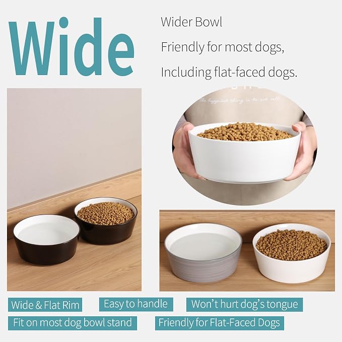 Black Elevated/Raised Dog Bowl Ceramic with Wood Stand for Medium Large Breed,Dog Food Water Dish Heavy Wighted,8 in Non Slip Modern Cute Porcelain Pet Bowl Wide Extra Large