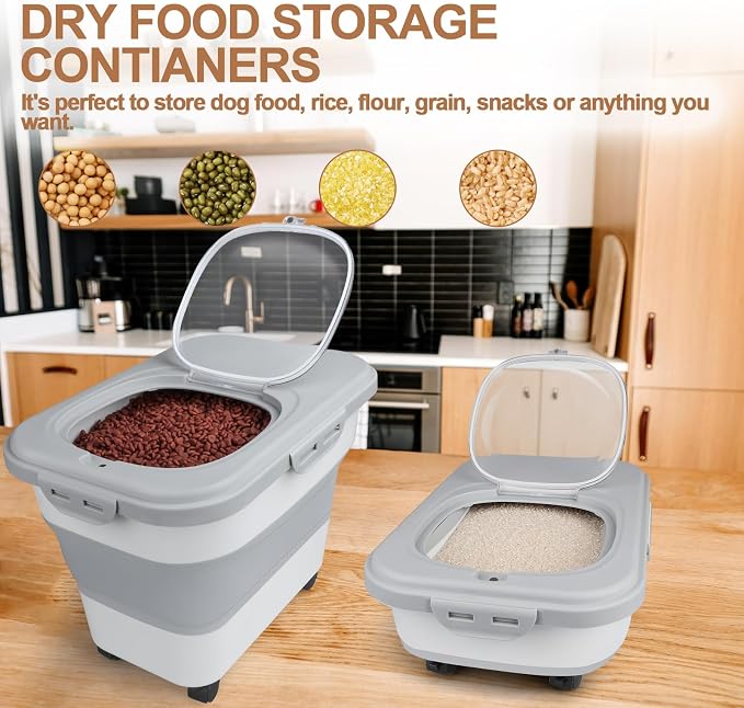 TIOVERY Dog Food Storage Container, 10-20lbs Collapsible Dog Cat Food Containers with Airtight Clear Flip-top，Rolling Wheel and Pet Food Scoop, Pet Food Storage Container Bin for Dog Cat Bird Pets