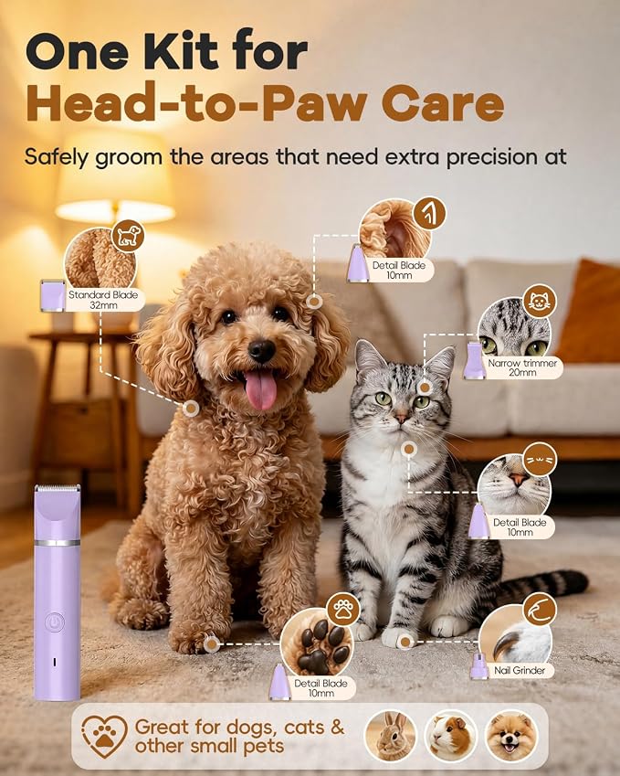 Veeconn 4 in 1 Dog Clippers Grooming Kit with Paw Hair Trimmer for Cat Pet | Low Noise, 7500RPM Powerful, IPX7 Waterproof, Safe & Easy for Beginners, 4 Guide Combs, Cordless Dog Nail Grinder(Purple)