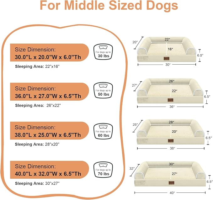 NANUYA Orthopedic Dog Bed for Medium Dogs, 30 x 20 Inch, Beige | Egg crate foam for joint support, 3-sided bolster pet sofa, waterproof lining, washable cover, and non-skid base