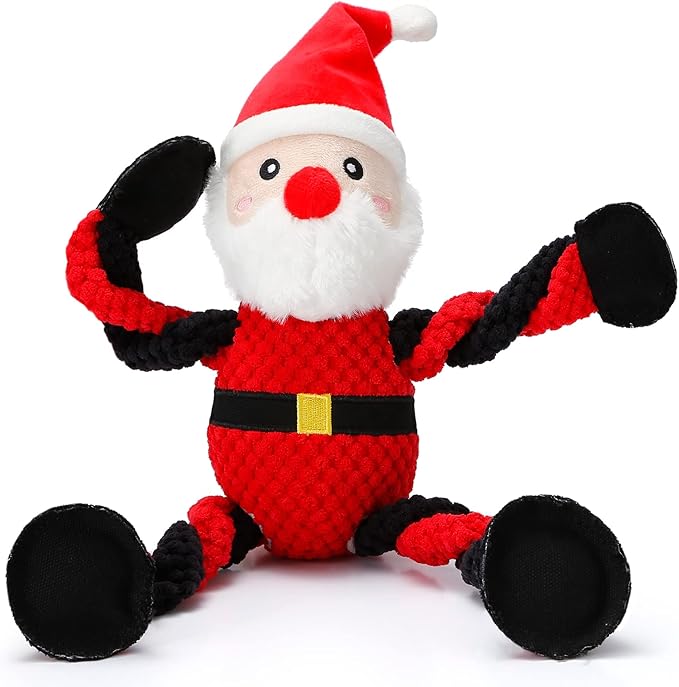 Senneny Christmas Dog Toys, Squeaky Santa Plush with Ropes for Tug of War, Durable Interactive Chew Toys for Puppy Small Medium Large Dogs