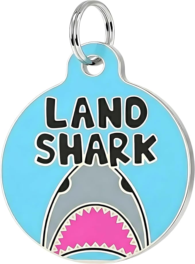 Bad Tags Personalized Dog and Cat ID Tags in 25+ Designs and 2 Sizes - 5 Lines of Custom Engraved Text - Funny Cute Personalized Pet Tags (Land Shark, Small (1 inch))