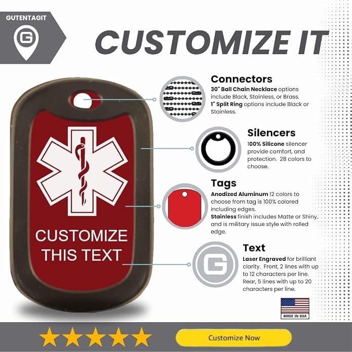 Medical Alert Dog Tag Custom Engraved Medic ID Military Dog Tag with Silencer