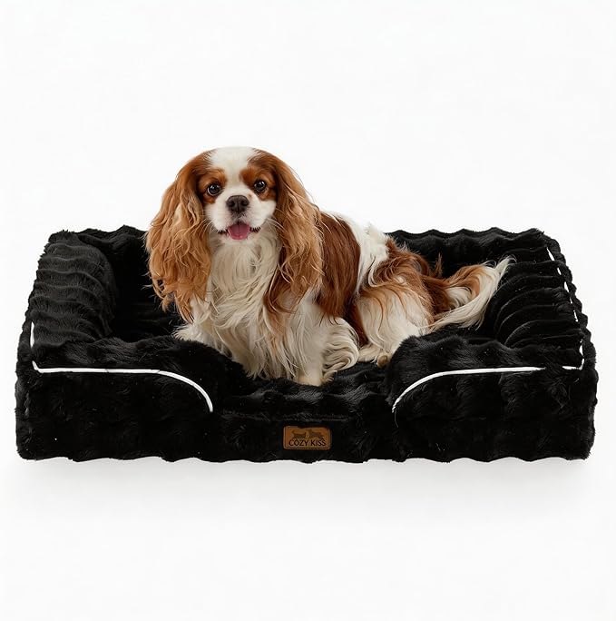 COZY KISS Orthopedic Dog Bed for Medium Small Size Dog, Soft and Warm Faux Fur Sofa for Pet Up to 40 lbs, Foam Bolster Anti-Slip Couch with Washable Removable Cover, M 30x20x6.5 inch, Black