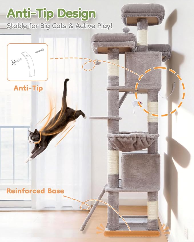 Taoqimiao Cat Tree for Large Cats, 76.8 Inches XL Cat Tower for Indoor Cats | 2 Scratch Boards, 3 Top Perches, 9 Scratching Posts, Multi-Level Cat Tree with 2 Condos, 2 Cozy Basket, Light Gray, T20W