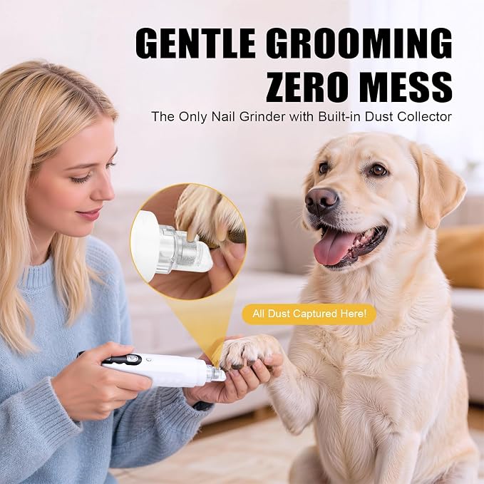 Quiet Dog Nail Grinder Clippers, 9-Speed Pet Nail Trimmer with LED | Low noise, Safety sensor guard, 2 LED lights, USB rechargeable, Professional grooming, Sensitive paws, Dogs cats all breeds