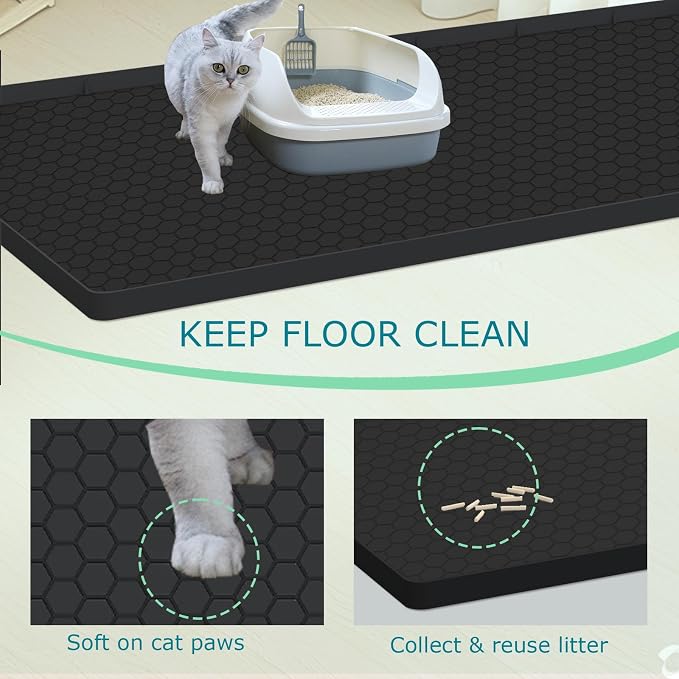 Cat Litter Mat for Litter Box, Silicone Large Cat Litter Trapping Mat - 37x22 in, Waterproof & Non-Slip, Durable & Easy Clean, Black
