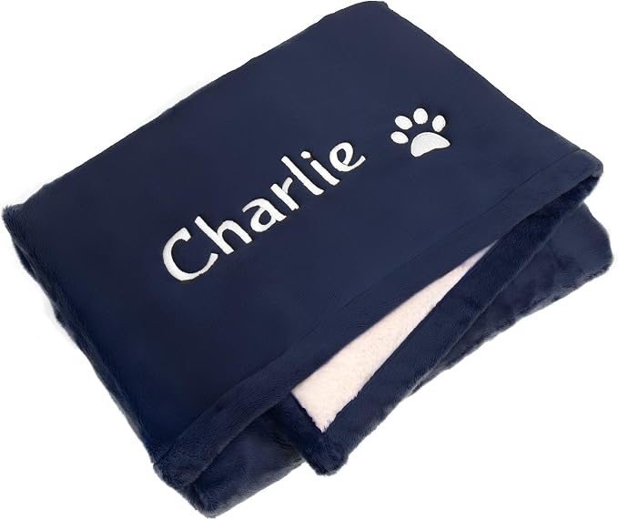 GoTags Personalized Premium Fluffy Dog Blanket, Super Soft Sherpa Fleece Blanket for Pets with Custom Embroidered Name and Paw, Large (40x30 inch), Navy Blue