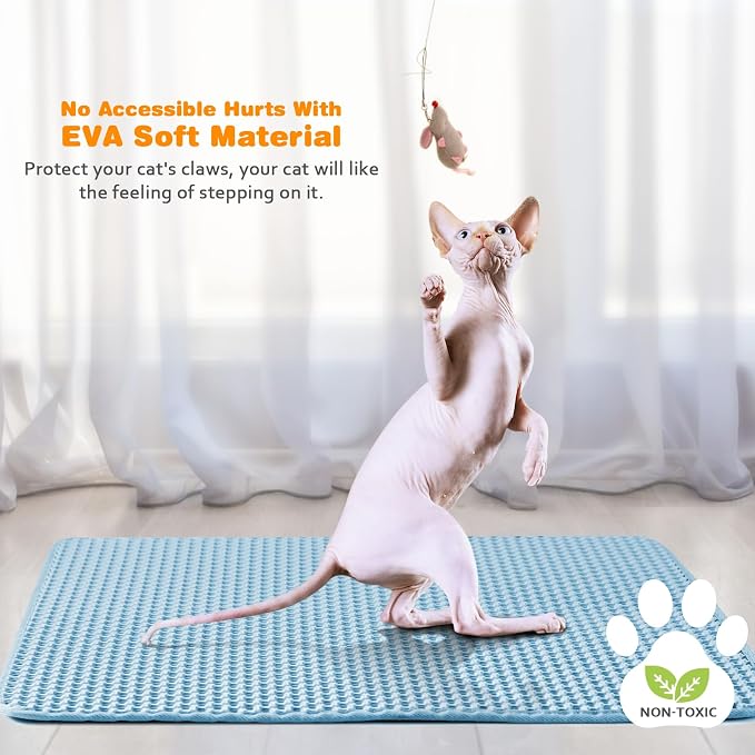 Cat Litter Mat 22"x30",Double Layer EVA litterbox Mat, Blue | Waterproof honeycomb large grid, urine-proof and odor-free. Traps litter, easy cleanup,Washable, non-slip backing