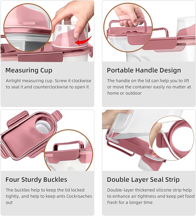 LEAWALK 5Lbs Airtight Pet Storage Container For Cat Dog Bird Food and Keep Fresh, Translucent Body, Upgraded Large Nozzle for Easy Pouring With Handle Design Easy to Carry When Going Rose pink 2pack