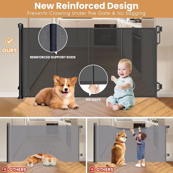 SPACEANY Reinforced Retractable Baby Gate or Mesh Dog Gate,Easy to Use for Stairs, Doorways, Hallways, Indoor, Outdoor, Wide Pet Gate 33.5" Tall, Extends to 55" Wide,Black