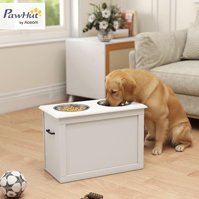 PawHut Raised Pet Feeding Storage Station for Large Dogs, White | with2 Stainless Steel Bowls Base for Other Large Pets
