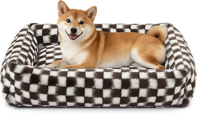 JOEJOY Large Dog Beds Large Sized Dog, Removable Washable Cover Orthopedic Soft Faux Rabbit Fur Pet Bed, Anti-Slip Fluffy Plush Faux Rabbit Fur Puppy Bed, 36"x27"x8", Checkered, Brown