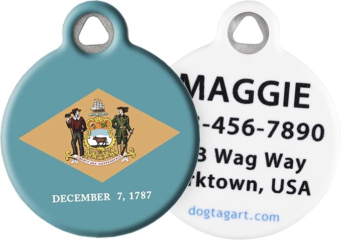Delaware Flag Personalized Pet ID Tag for Dogs and Cats, Silent Polymer Coated Stainless Steel Delawarean Flag Nametag with Customized Identification Information - Small .875" Diameter