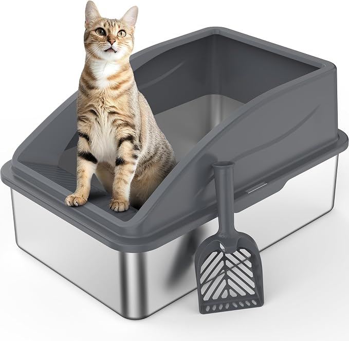 AIPERRO Stainless Steel Litter Box | XL Metal Cat Litter Boxs with Lid | High Sided Litter Box for Big Cats | Anti-Urine Leakage | Non-Stick, Easy to Clean & Odor‑Resistant with Cat Litter Scoop