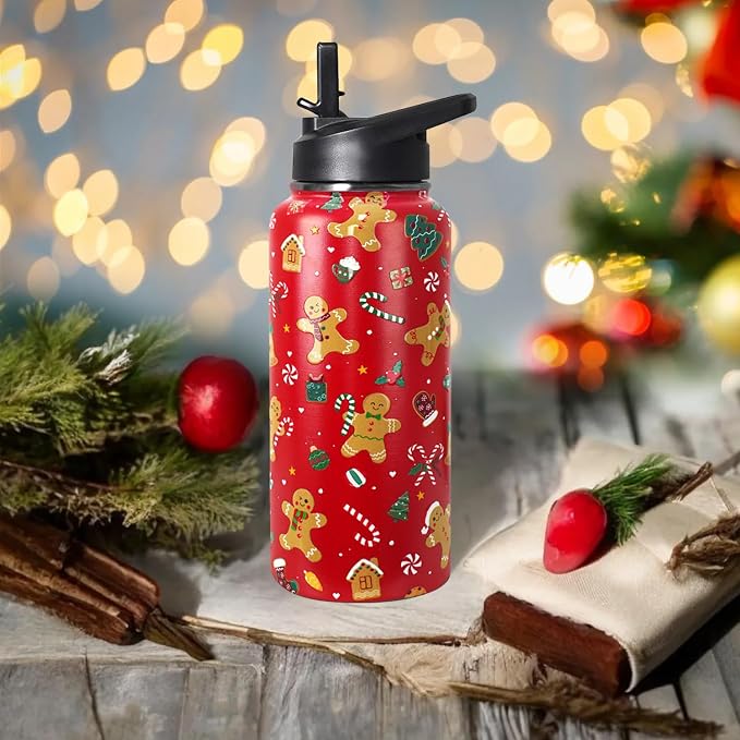 32oz Christmas Gingerbread Insulated Aater Water Bottle with Straw Gym Hiking Sports Coffee Mug Cup Water Bottles,Christmas Gifts for Women,Christmas Decor Stuff Accessories