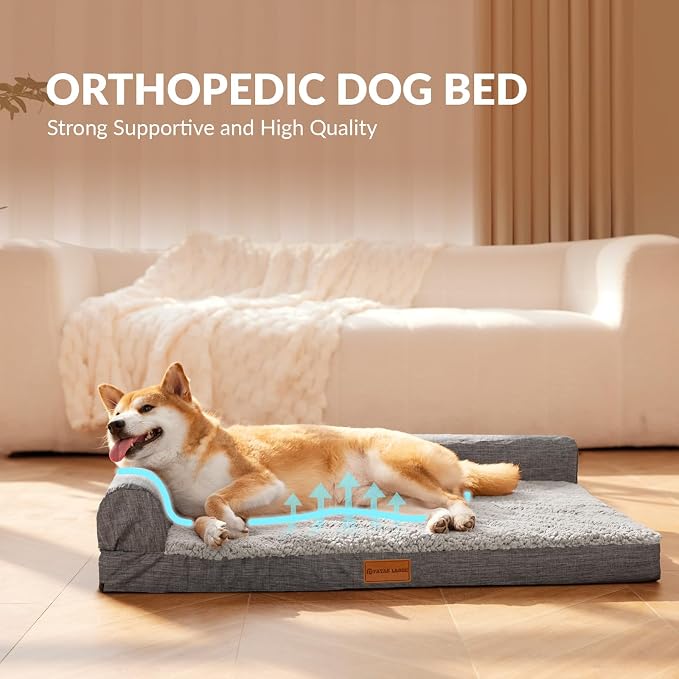 Patas Lague Orthopedic Large Dog Bed Washable Pet Sofa Bed 56''X40''Grey | 2-Sided Bolster Egg-Crate Foam Dog Couch Large Sized Dogs, Waterproof Removable Washable Cover, Nonskid Bottom Pet Crate Mat