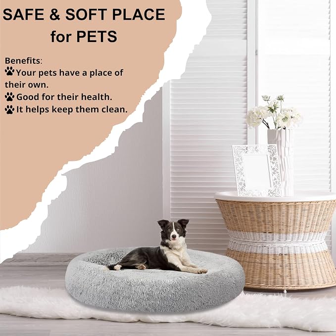SAVFOX 54 inches Calming Donut Dog Bed - 3X Durable Plush Faux Fur, Machine Washable & Non-Slip, Fits up to 210 lbs, Removable Cover, Light Grey