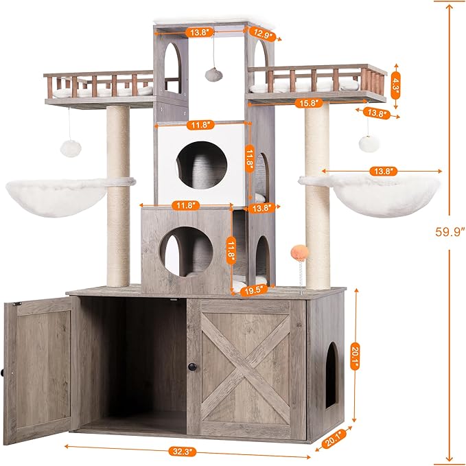 Heybly Cat Tree with Litter Box Enclosure for Indoor Big Cat HCT110SG | Cat Tower for Large Cats 20 lbs Heavy Duty, Modern Cat Condo Furniture with Scratching Posts, Rustic Gray