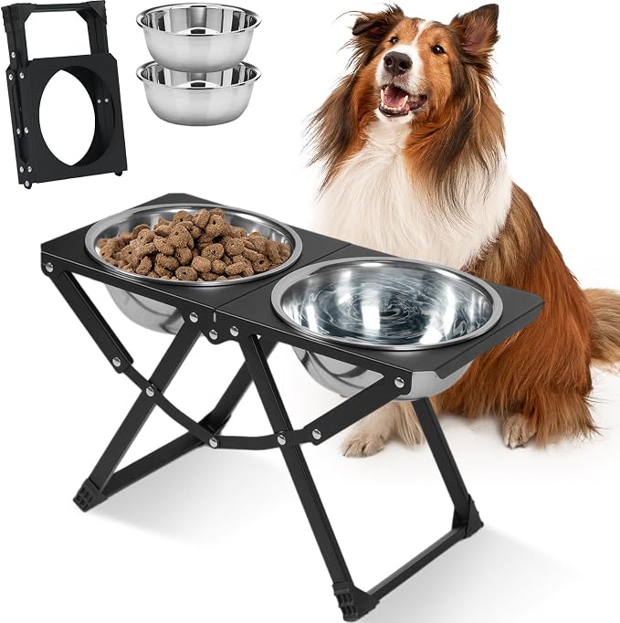 Foldable Elevated Dog Bowl Holder with 2 Large 85oz Stainless Steel Bowls, 12" Tall Raised Dog Bowl Stand for Large Breeds, Indoor and Outdoor Use