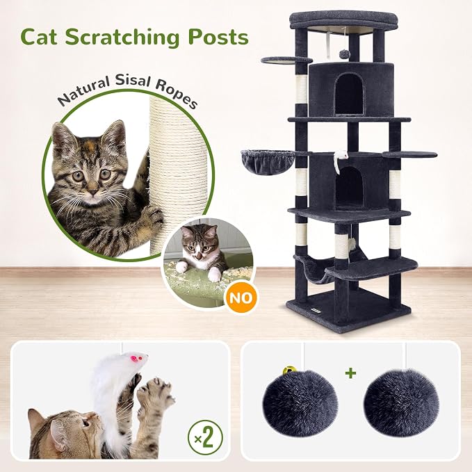 Globlazer 66in Corner Cat Tree Tower for Indoor Large Cats, C66, Dark Grey | Space-Saving Stable Adult Cat Tower with 6 Scratching Posts, 2 Large Fan-shaped Condos & Top Perch, Hammock, Climbing Steps