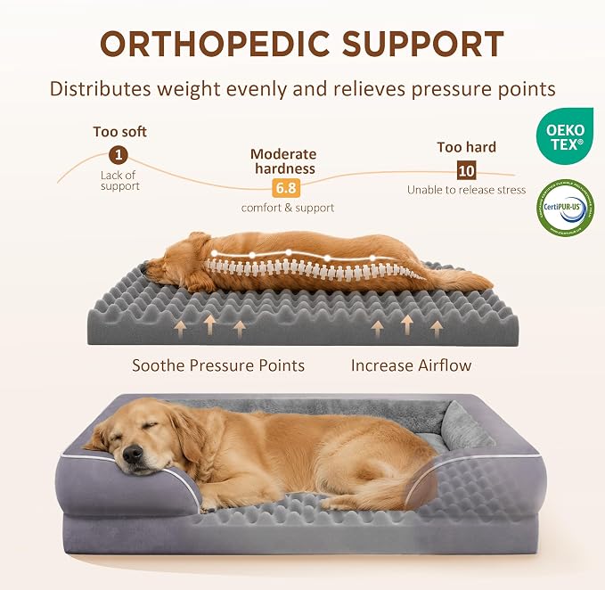 Comfort Expression Orthopedic Dog Bed for Extra Large Dogs with Bolster | Waterproof Dog Couch Bed with Washable Cover & Non-Slip Bottom, Supportive Egg Crate Foam Big Dog Bed, 53x42Inch