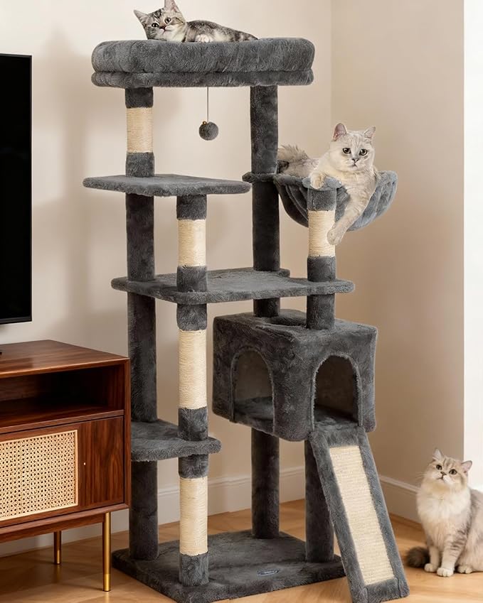 54 Inches Cat Tree, Tall Cat Tower with Hammock, Condo and Scratching Pad, Cat House with Plush Perch for Indoor Cats Adult