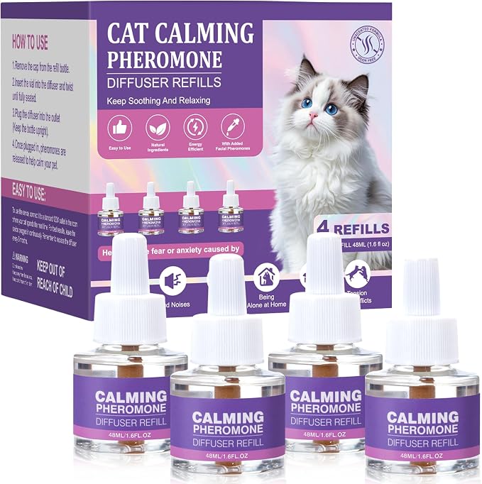 Cat Calming Pheromone Diffuser Refills 4 Pack Fits All Common Diffusers | Stress Anxiety Relief,Scratching Reduction,Urine Spraying, Multi-Cat Harmony,Tension Conflict Calm,Fear Soothe Plug In