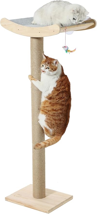 Cat Window Perch with Scratching Posts, 46-Inch Wooden Tree for Large Cats | For Big Cats & Maine Coons; Heavy-Duty Suction Cups Mounting; Spacious Wood Bed ; Drill-Free; Holds Up to 40 lbs