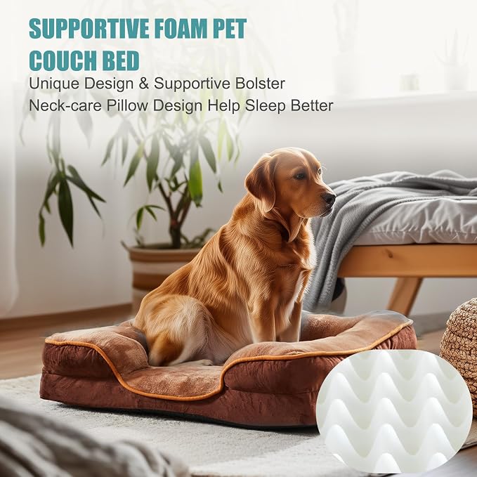 DUMOS Orthopedic Dog Beds for Large Sized Dogs, 35x25 Inch Machine Washable Cover Pet Bed, Anti-Slip Waterproof Memory Foam Couch Bed for Indoor Dogs and Cats, Brown