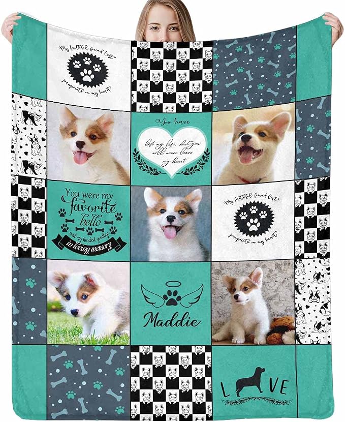 InterestPrint Dog Memory Blankets Personalized with Pictures and Name, Custom Blanket for Dogs, Personalized Fleece Blankets Gift for Family Friends 5 Photos Collage