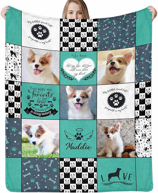 InterestPrint Dog Memory Blankets Personalized with Pictures and Name, Custom Blanket for Dogs, Personalized Fleece Blankets Gift for Family Friends 5 Photos Collage